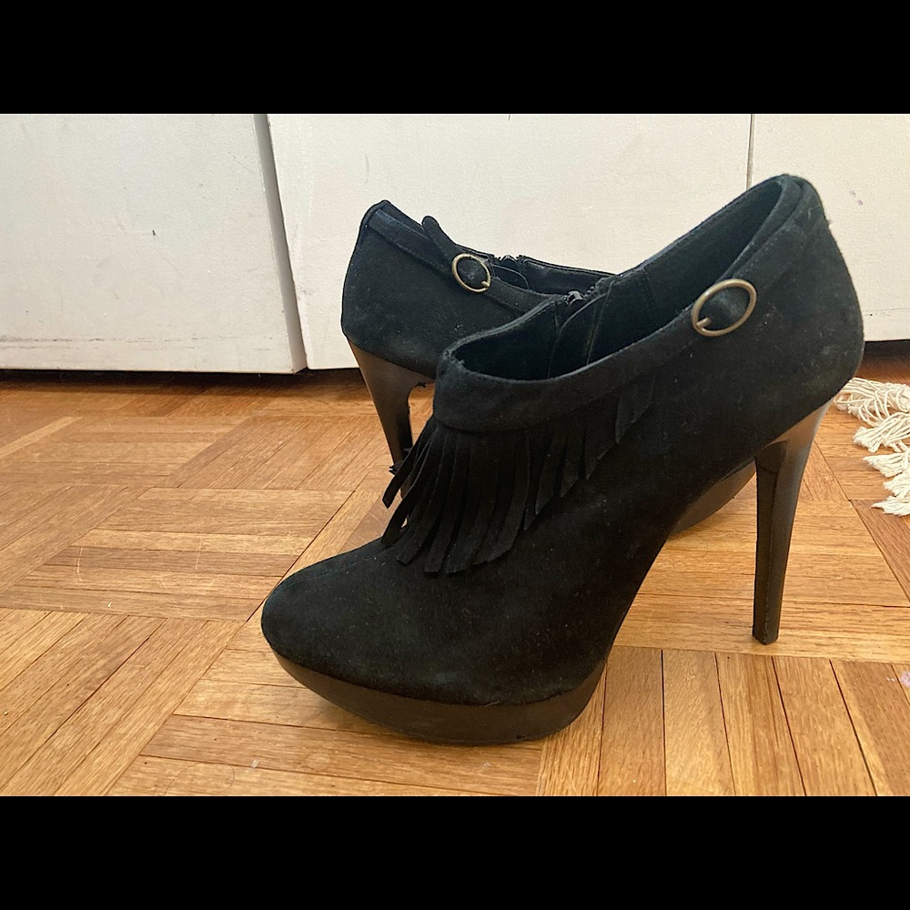 Baker’s peter pan fringe high heel stiletto bootie, black suede